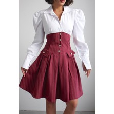 Bacc Bordo Pileli Çizgili Dokuma Gömlek Elbise BCHN-2526115