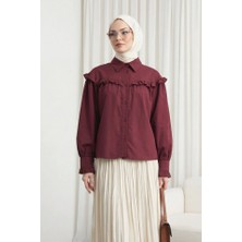 Queene Dreams Fırfır Detaylı Düğmeli Kısa Gömlek -Bordo