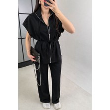 Queene Dreams Kadın Yarasa Kol Fermuar ve Lastikli Bağcık Detay Ceket Pantolon Ikili Takım