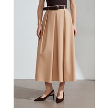 Dilvin 81074 Kemerli Pileli Midi Etek-Camel