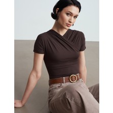 Dilvin 32659 Drapeli Kısa Kollu Top-Koyu Kahve