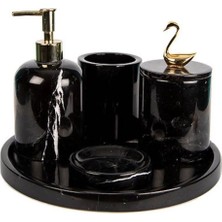 Ege Gross Dekoratif Siyah Mermer Gold Kuş Kuğu Detaylı 5 Li Banyo Seti Takımı