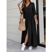 Veralya Kadın Truvakar Kollu V Yakalı Yırtmaçlı Uzun Aerobin Elbise