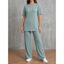 North Stand Kadın Fitilli Pijama Takımı Kısa Kollu Salaş Üst Bol Paça Alt Yumuşak Dokulu Ev Giyim Takımı