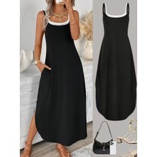 Veralya Kadın Ip Askılı Yuvarlak Yakalı Cepli Uzun Viskon Elbise