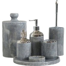 Ege Gross Dekoratif Gri Mermer Gümüş Yaprak Detaylı 7 Li Banyo Seti Takımı