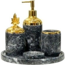 Ege Gross Dekoratif Koyu Grı Gri Mermer Gold Yaprak Detaylı 5 Li Banyo Seti Takımı