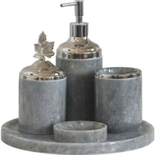 Ege Gross Dekoratif Gri Mermer Gümüş Yaprak Detaylı 5 Li Banyo Seti Takımı