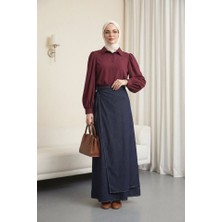 Queene Dreams Balon Kol Düğmeli Kısa Poplin Gömlek -Bordo