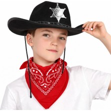 Magicool Çocuk Kovboy Şapka Rozetli Siyah  Kırmızı Bandana Seti