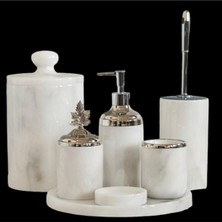 Ege Gross Dekoratif Beyaz Mermer Gümüş Yaprak Detaylı 7 Li Banyo Seti Takımı