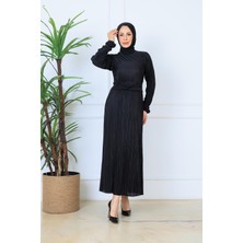 Vizyoner Tarzlar Kadın Pliseli Uzun Kollu Kemer Detaylı Tesettür Elbise