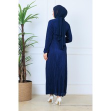 Vizyoner Tarzlar Kadın Pliseli Uzun Kollu Kemer Detaylı Tesettür Elbise