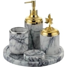Ege Gross Dekoratif Leylak Mermer Gold Yaprak Detaylı 5 Li Banyo Seti Takımı