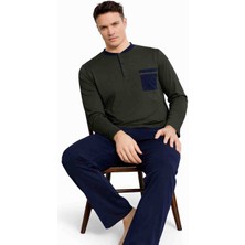 PJM Erkek Uzun Kollu Pijama Takımı Cepli Henley Yaka Rahat Kesim Pamuklu Ev Giyim