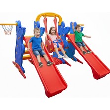 Bahçe Oyuncak Çift Kaydıraklı Salıncaklı Oyun Parkı Anaokulu Kreş Tipi 3'lü Set Devrilmez Taban