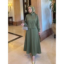 Foremia Omuz Pile Detay Saten Etekli Takım-Haki -