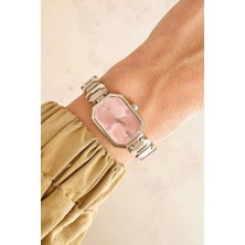 Oqqo Helia Köşeli Kasa Taşlı Pembe Kadran Gri Kadın Kol Saati