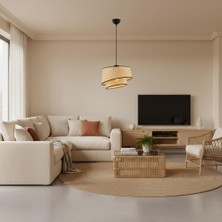 Elizim Home Lighting Hasır Görünümlü 2 Katlı Abajur Sarkıt Avize