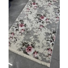 Dinarsu Halı Dinarsu Embos Halı Elina Gri Kaymaz Taban Yolluk Makinede Yıkanabilir Halı Krem Spor Saçaklı