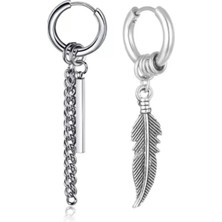 Jaida Moda Unisex Gümüş Tüy ve Bar Sallantılı Çelik Halka Küpe