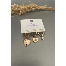 Jaida Moda Kadın Gold Vip Kalp Figürlü Sallantılı 3'lü Çelik Halka Küpe