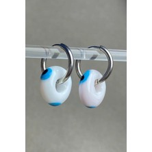 Jaida Moda Kadın Gümüş Paslanmaz Çelik Beyaz Nazar Boncuğu Desenli Charmlı Sallantılı Halka Küpe