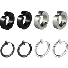 Jaida Moda Unisex Siyah ve Gümüş Renk 4 Çift Set Deliksiz Halka Çelik Küpe