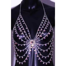 Caş Dekorasyon Gümüş Renk Pembe Taşlı Bralet Vücut Aksesuarı