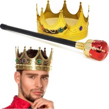Subutu Altın Kral Tacı ve Kırmızı Topuzlu Asası Seti
