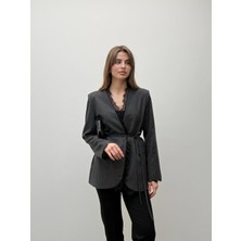 Maldia Shop Velora Dantel  Kuşaklı Antrasit Blazer Ceket