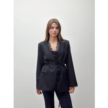 Maldia Shop Velora Dantel  Kuşaklı Siyah Blazer Ceket