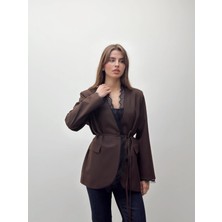 Maldia Shop Velora Dantel  Kuşaklı Kahve Blazer Ceket
