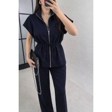 La Mode Istanbul Kadın Yarasa Kol Fermuar ve Lastikli Bağcık Detay Ceket Pantolon Ikili Takım