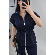 Gökyüzü Moda Kadın Yarasa Kol Fermuar ve Lastikli Bağcık Detay Ceket Pantolon Ikili Takım