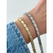 QA Quella Accessories Rodyum Düz Zikzak Gümüş & 14 Ayar Altın Kaplama Gold Bileklik 17 cm - Gümüş