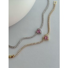 QA Quella Accessories Çelik Pembe Kalp Zirkon Su Yolu 14K Altın Kaplama Gümüş & Gold Bileklik 15+2 cm - Gold