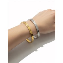 QA Quella Accessories Çelik C   Kalın Düz Gümüş & Gold Kelepçe Bileklik Iç Çapı: 6,2 cm / Çevresi: 20 cm   - Gümüş