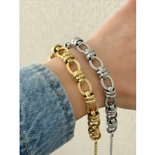 QA Quella Accessories Çelik Halka Düğüm Gümüş & 14 Ayar Gold Kalın Zincir Bileklik 16+5 cm - Gold
