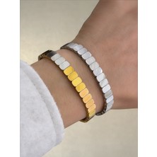 QA Quella Accessories Çelik Parlak Kare Gümüş & Rose & Gold Kelepçe Bileklik Iç Çap: 6 cm / Çevresi: 19 cm - Renkli