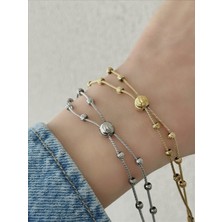 QA Quella Accessories Çelik Ikili Topçuk Bağlamalı Gümüş & Gold Zincir Bileklik 16+5 cm - Gold