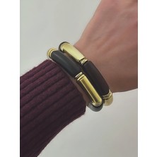 QA Quella Accessories Özel Seri Z   Altın Kaplama Siyah & Koyu Kahve Lastikli Gold Bileklik - Siyah