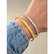 QA Quella Accessories Çelik C  Zirkon Ince  Gümüş & Gold Kelepçe Bileklik Iç Çapı: 6 cm / Çevresi: 19 cm - Gümüş