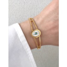 QA Quella Accessories Çelik Mavi Doğal Taş Sedefli Vintage Gold Kelepçe Bileklik Iç Çap: 5,7 cm / Çevresi: 19 cm