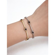 QA Quella Accessories Rodyum Siyah Daire Tasarım 14 Ayar Altın Kaplama Gümüş & Gold Ince Bileklikler 16+2 cm - Gold