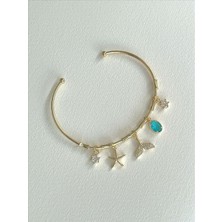 QA Quella Accessories Rodyum Bebe Boy Mavi Zirkon Deniz Figürlü 14K Gold Ayarlanabilir Charm Bileklik