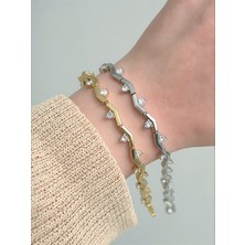 QA Quella Accessories Rodyum Zikzak Damla Zirkon 14 Ayar Altın Kaplama Gold Bileklik 16+2 cm - Gold