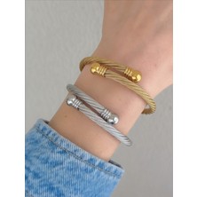 QA Quella Accessories Çelik Hasır Çift Topçuk Gümüş & Gold Ayarlanabilir Bileklik  - Gold