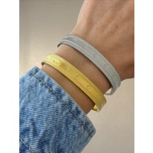 QA Quella Accessories Çelik Yonca  Gümüş & Gold Kalın Kelepçe Bileklik Iç Çap: 5,9 cm / Çevresi: 19 cm - Gold