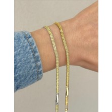 QA Quella Accessories Özel Seri  Zirkon Baget Su Yolu Gümüş & Gold Sarı Bileklik 16+2 cm - Gümüş